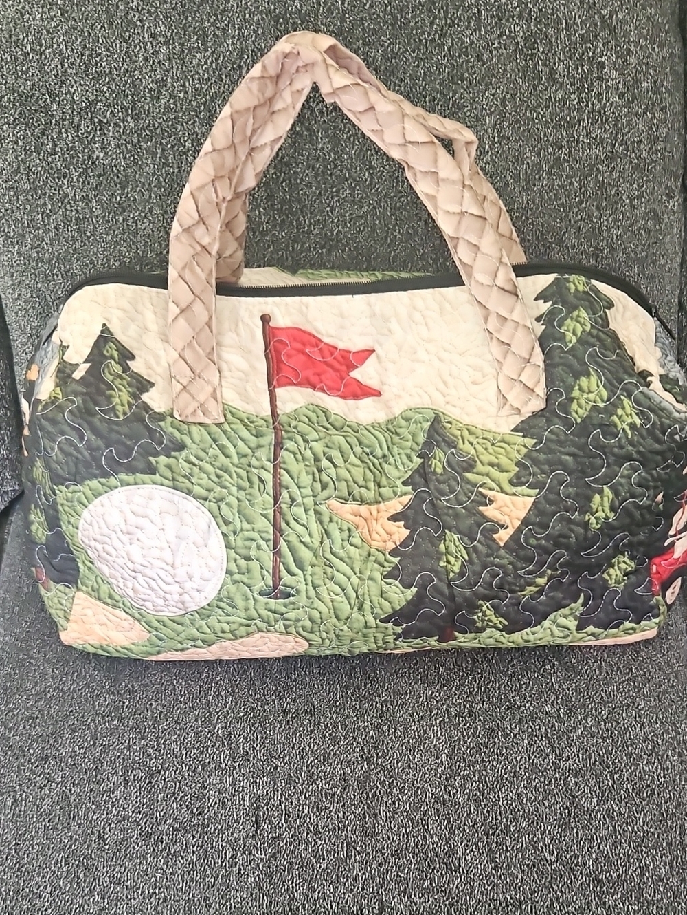 Quilted Golf Scene Travel Tote in Green, Beige and Red